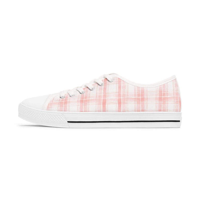 Roze geruite sneakers, aquarel ontwerp damesschoenen, schattige lage sneakers, Casual schoenen, stijlvolle atletische sneakers, roze geruit afbeelding 2