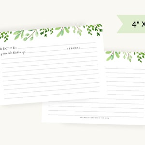 Watercolor greenery recipe cards 4x6 | Minimalist Recipe Cards