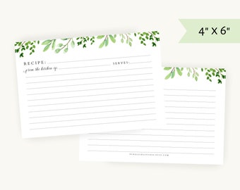 Watercolor greenery recipe cards 4x6 | Minimalist Recipe Cards