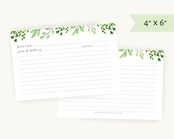 Watercolor greenery recipe cards 4x6 | Minimalist Recipe Cards