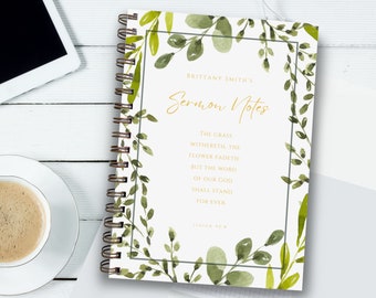 Sermon notes journal | Personalized gold wire Journal 6.5 x 9 | Watercolor greenery sermon notes