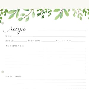 Recipe Binder Filler Paper Watercolor greenery Minimalist plain, Recipe Binder pages, Full Size Recipe page or half size recipe page image 3