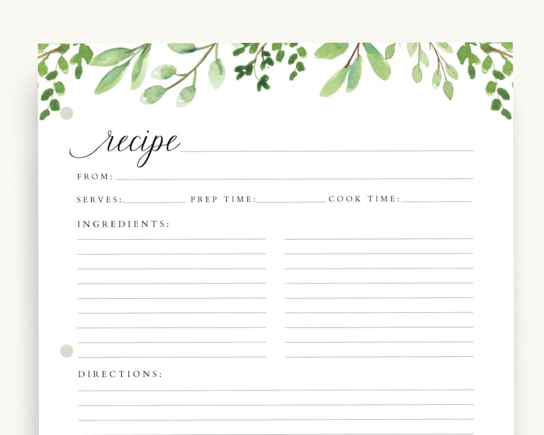 Recipe Binder Filler Paper Watercolor greenery Minimalist plain, Recipe Binder pages, Full Size Recipe page or half size recipe page image 3