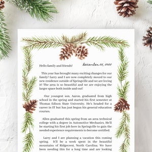 May include: A handwritten letter with a festive Christmas border of pine branches and pine cones. The letter is dated December 25, 2022 and shares family news about a new home, a son starting college, and a planned vacation.