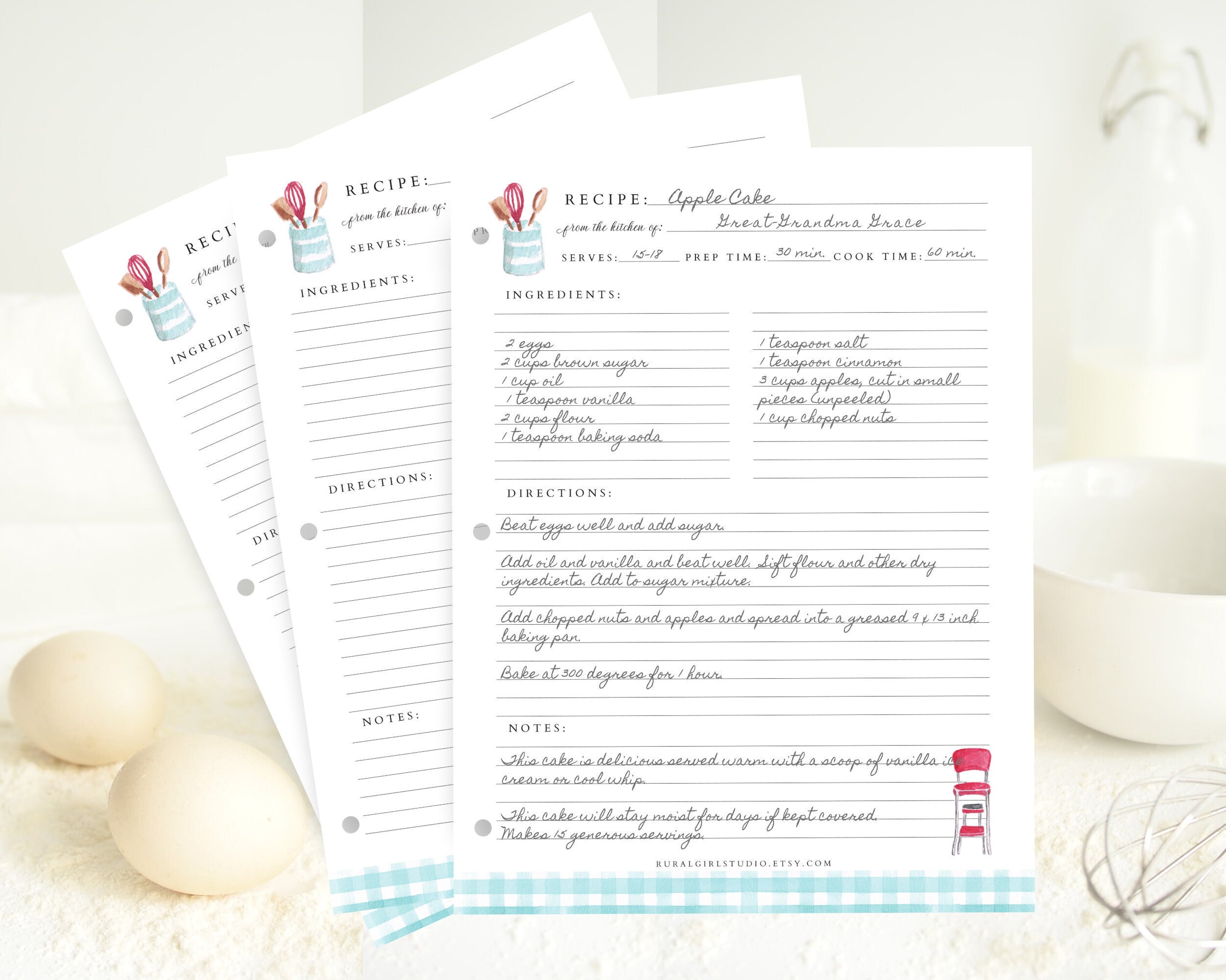 Papier de remplissage pour classeur de recettes avec illustrations à l'aquarelle, pages de classeur de recettes, page de recette pleine dimension ou page de recette demi-format