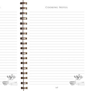 May include: Open notebook with lined pages for cooking notes. The spiral binding is gold-colored. The words "COOKING NOTES:" are at the top. Watercolor illustrations of kitchen utensils and a bowl are at the bottom. Page number 147 is at the bottom.