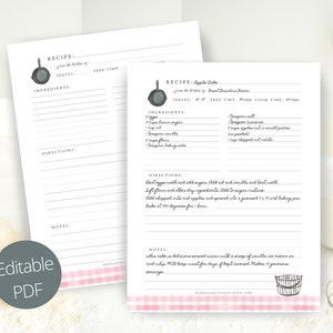 Plantilla de receta editable, plantilla de receta imprimible, carpeta de recetas imprimible, página de recetas 8,5 x 11 PDF