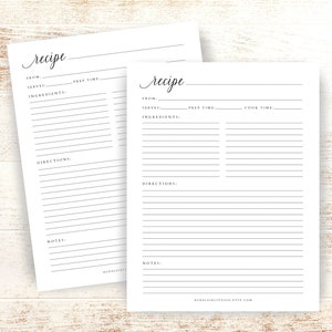 May include: Two printable recipe cards with blank lines for writing down ingredients, directions, and notes. The cards have the word "recipe" written in cursive at the top.