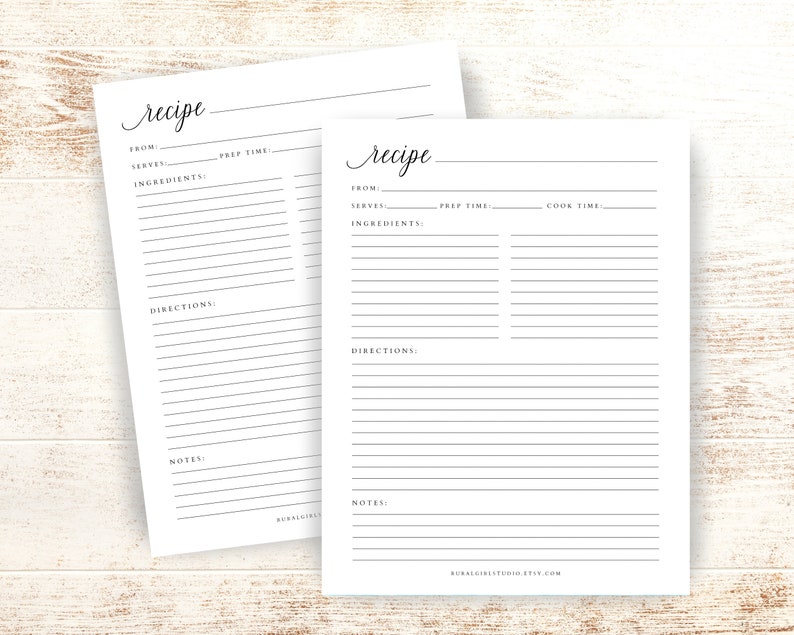 May include: Two printable recipe cards with blank lines for writing down ingredients, directions, and notes. The cards have the word "recipe" written in cursive at the top.