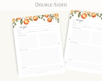 Recipe Binder Filler Paper - Orange Greenery Recipe Binder pages, Full Size Recipe page