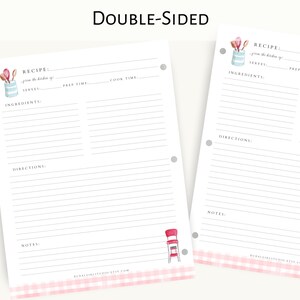 May include: Double-sided printable recipe card template with a pink and white gingham pattern at the bottom. The card features a watercolor illustration of kitchen utensils in a jar. The text "Recipe: from the kitchen of..." is at the top of the card. The card has sections for ingredients, directions, prep time, cook time, and notes.