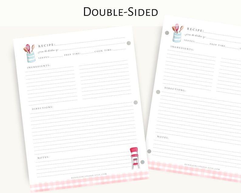 May include: Double-sided printable recipe card template with a pink and white gingham pattern at the bottom. The card features a watercolor illustration of kitchen utensils in a jar. The text "Recipe: from the kitchen of..." is at the top of the card. The card has sections for ingredients, directions, prep time, cook time, and notes.