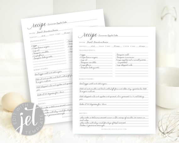 Minimalist Editable Recipe Template, Printable Recipe Template, Recipe Binder Printable, Recipe page 8.5 x 11