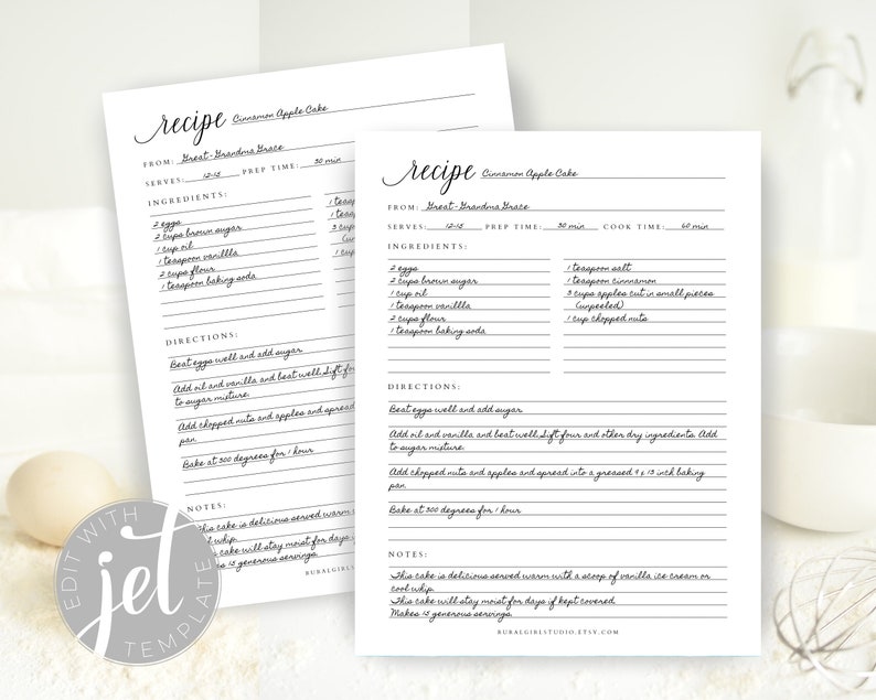 May include: Printable recipe card template with a handwritten recipe for Cinnamon Apple Cake. The recipe card is white with black text and includes ingredients, directions, and notes.