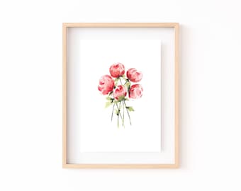 May include: A framed watercolor painting of a bouquet of pink peonies with green stems and leaves.
