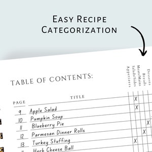 May include: A spiral-bound notebook with a table of contents for recipes. The title "Easy Recipe Categorization" is at the top. The table includes categories like "Meats/Mains" and "Desserts." The first listed recipes are "Apple Salad" and "Pumpkin Soup."