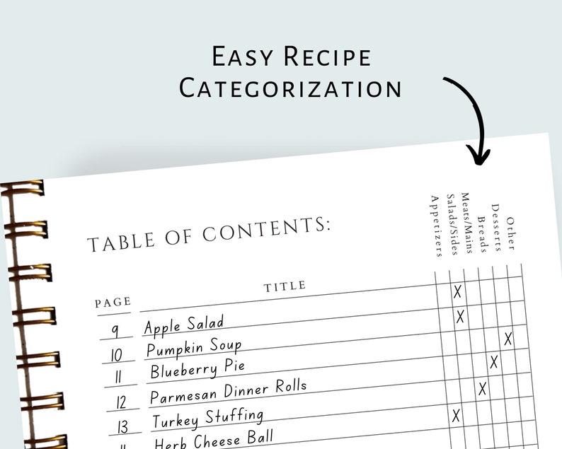 May include: A spiral-bound notebook with a table of contents for recipes. The title "Easy Recipe Categorization" is at the top. The table includes categories like "Meats/Mains" and "Desserts." The first listed recipes are "Apple Salad" and "Pumpkin Soup."