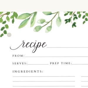 Recipe Binder Filler Paper Watercolor greenery Minimalist plain, Recipe Binder pages, Full Size Recipe page or half size recipe page image 2