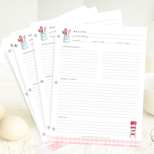 Recipe binder filler paper for 3-ring recipe binders, full size recipe pages or half size recipe pages, 8.5 x 11 or 8.5 x 5.5