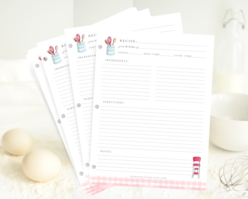 May include: Four white recipe cards with a pink and white gingham border. Each card has a watercolor illustration of kitchen utensils in a blue and white container. The cards have lines for writing down ingredients, directions, notes, prep time, and cook time. The text on the cards reads "Recipe: from the kitchen of..."
