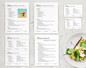 May include: A set of printable recipe cards for cranberry walnut bread and banana bread. The cards are white with black text and include ingredients and directions. There is a photo of a cranberry walnut bread muffin on one of the cards.