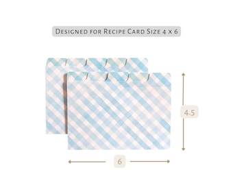 May include: Two light blue and white gingham patterned recipe card dividers with tabs. The text reads DESIGNED FOR RECIPE CARD SIZE 4 X 6. A diagram indicates a height of 4.5 cm and a width of 6 cm for the dividers.