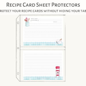 May include: Two clear plastic sheet protectors with a white background and blue and white checkered pattern at the bottom. The top sheet has a drawing of a blue jar with red and white kitchen utensils. The text "RECIPE: from the kitchen of..." is at the top of the sheet. The bottom sheet has a drawing of a red chair. The text "SERVES..." is at the top of the sheet.