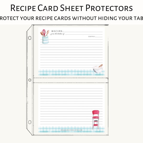 4x6 or 5x7 Recipe Card Sheet protectors for full size recipe binders | Holds 4" x 6" recipe cards | Holds 5" x 7" recipe cards