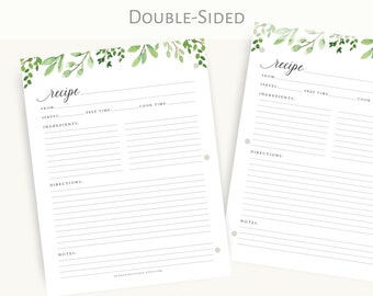 Recipe Binder Filler Paper - Watercolor greenery Minimalist plain, Recipe Binder pages, Full Size Recipe page or half size recipe page