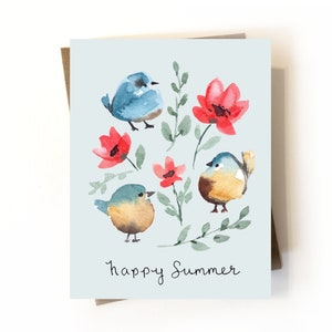 Happy Summer note cards | watercolor floral with birds | cute summer notecards