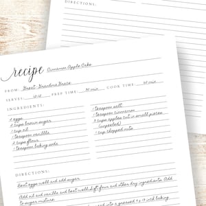 May include: A printable recipe card for Cinnamon Apple Cake. The recipe is from Great-Grandma Grace and serves 12-15 people. The prep time is 30 minutes and the cook time is 60 minutes. The ingredients include 2 eggs, 2 cups brown sugar, 1 cup oil, 1 teaspoon vanilla, 2 cups flour, 1 teaspoon baking soda, 1 teaspoon salt, 1 teaspoon cinnamon, 3 cups apples cut in small pieces (unpeeled), and 1 cup chopped nuts.