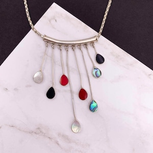 Fringe Necklace, Red Coral, Mother of Pearl, Black Onyx, Abalone, Southwestern Teardrop Inlaid Gemstones in Sterling Silver, Beautiful Chain