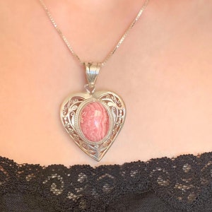 Pink Heart and Sterling Silver Pendant, Filigree Vintage Necklace, Pink Rhodonite Cabochon Gemstone, Variegated Pinks to Raspberry Colors
