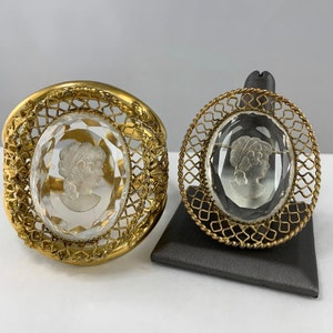 Gold Cameo Bangle with Matching Brooch, Filigree & Clear Intaglio Cameo Hinged Cuff, Whiting Davis Victorian Statement 1950s Vintage Jewelry