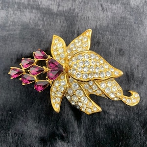 Nolan Miller Floral Brooch Amethyst and Rhinestone Pin, Amethyst Petals, Gold and Rhinestone Floral Brooch, Vintage Designer Rhinestone  Pin
