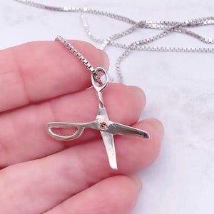 Sterling Silver Scissor Necklace, Red Cubic Zirconia Center, Hair Stylist Gift, Necklace/Pendant Charm, Bracelet Charm, 925 Box Link Chain