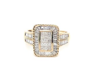 10k Yellow Gold and Diamond Halo Ring, Full Cut Diamonds, Diamond Rectangle Baguette Halo, Elegant Vintage Engagement, Bridal Diamond Ring