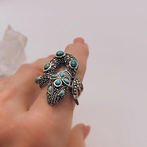 Turquoise & Sterling Silver Marcasite Snake Ring, Unique Reptile Jewelry, Sterling Coiled Snake Ring, Spiral Silver Snake, Silver Serpent image 1