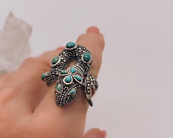 Turquoise & Sterling Silver Marcasite Snake Ring, Unique Reptile Jewelry, Sterling Coiled Snake Ring, Spiral Silver Snake, Silver Serpent