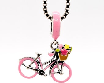 Bicycle Sterling Silver & Pink Enamel, Silver Bike with Basket of Flowers, Girls Bicycle Charm/Pendant/Necklace, Vintage Bicycle  Necklace