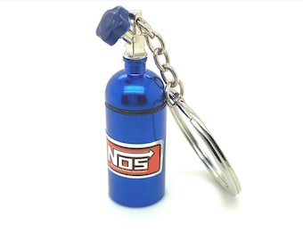 Blue Aluminum NOS Bottle Keychain: Pill Box Keyring, Car Accessory