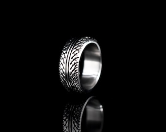 Treadwear Rings, Stainless Steel Silver Ring, Wheel, Tire, Etched Band, Automotive Strong Quality, Men's Band, Wheel Ring, Textured Tire