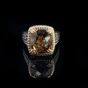 Smoky Topaz 14K Yellow Gold & Sterling Silver Charles Krypell Ring, Ribbed Silver Setting, Square Faceted Rich Golden Brown, Ribbed Band