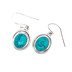 Turquoise Sterling Silver Earrings, Vintage Drop Oval Gemstone, Sterling Setting, Marbled Turquoise, Turquoise Dangle Earrings, Classic