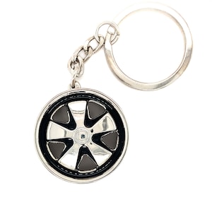 Wheel Keychain, Black, & Chrome Style 911, Car Key Ring, Automotive Key Chain, Car Accessory, Stainless Steel, Sports Car Keyring, Classic