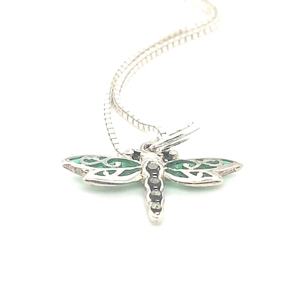 Sterling Silver Dragonfly Necklace, Charm Necklace, Green Enamel, Delicate Detail, 925 Sterling Silver Dragonfly Necklace, Emerald Green