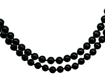 Black Agate Beaded  Necklace, Round Black Agate Beads, Opera Length Beaded Necklace, Vintage Hand Knotted, 32 inch Necklace, Single Strand