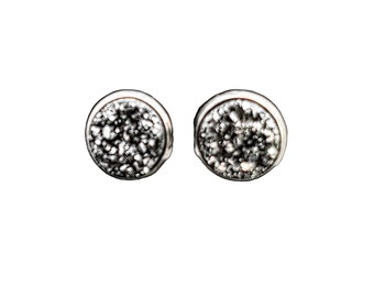 Gunmetal Drusy Stud Earrings, Circular Bezel Sterling Silver Setting, Minimalist Earrings,  Natural Crystal Rough Stone, Raw Stone, Vintage