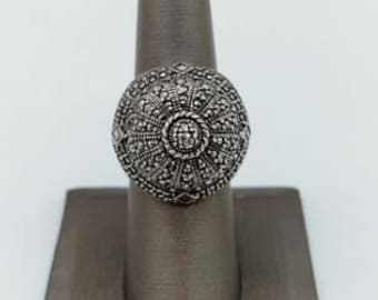 Bold Sterling Silver Marcasite Ring, Vintage,  Round Sterling Silver Marcasite with Cutout Design on sides, Shimmering Statement Ring