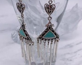 Turquoise Inlay Triangle Southwestern Dangle Earrings, Sterling Silver Intricate Filigree Heart at Top, Long Chandelier Silver Earrings, 925